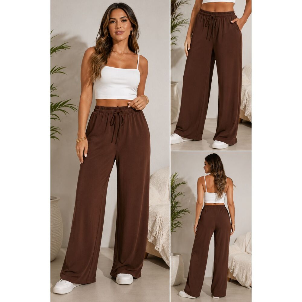 Chocolate Brown Wide Leg Drawstring Pants Size Small Pull On Lounge Casual